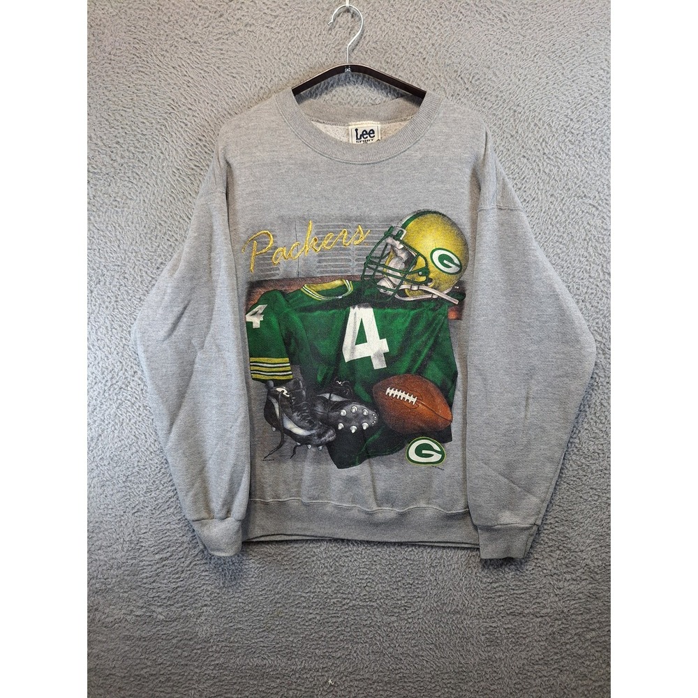 Vintage Lee Sport Sweatshirt Mens L Grey Green Bay Packers Brett Favre 4 USA
